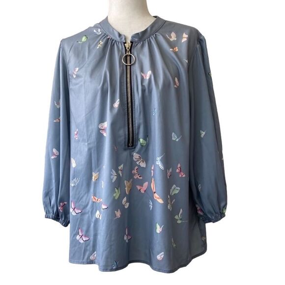 Butterfly Blouse Pullover Loose Fitting Half Zipper SZ M - Picture 12 of 12